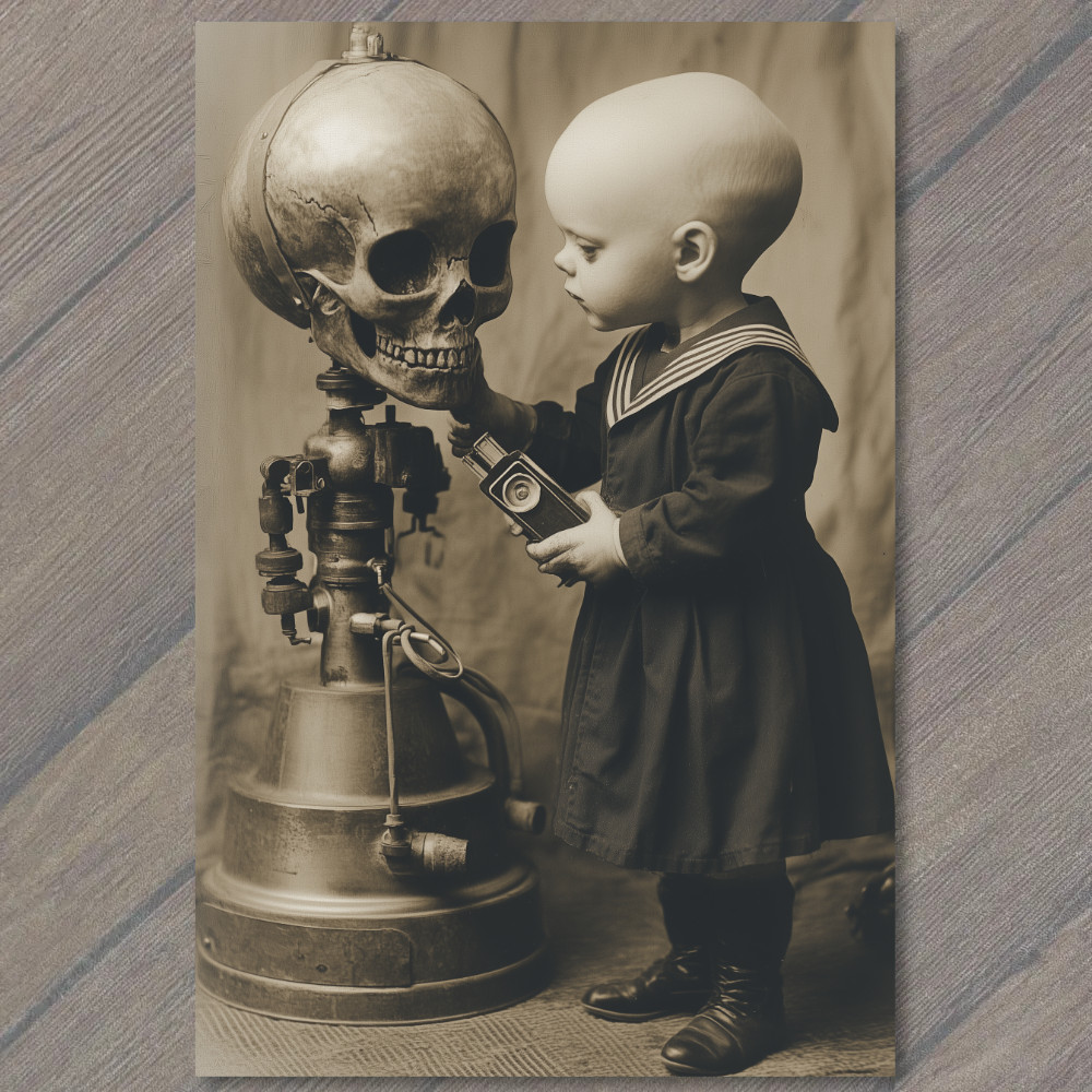 STICKER Creepy Bald Kid Robot Skull Camera Navy Outfit Surreal Odd SciFi Emo