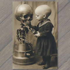 STICKER Creepy Bald Kid Robot Skull Camera Navy Outfit Surreal Odd SciFi Emo