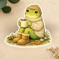 Cozy Cottagecore Frog Sticker, Frog with coffee die cut sticker
