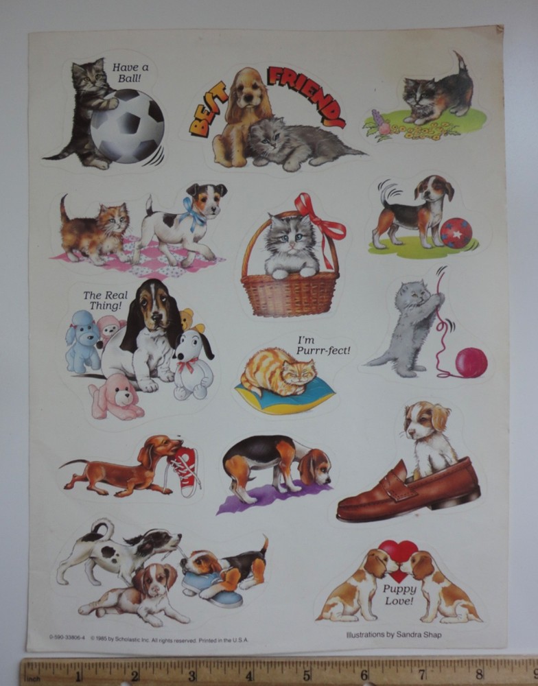 Vintage 1985 Scholastic Dog & Cat Sticker Sheet 14 Stickers 1980s