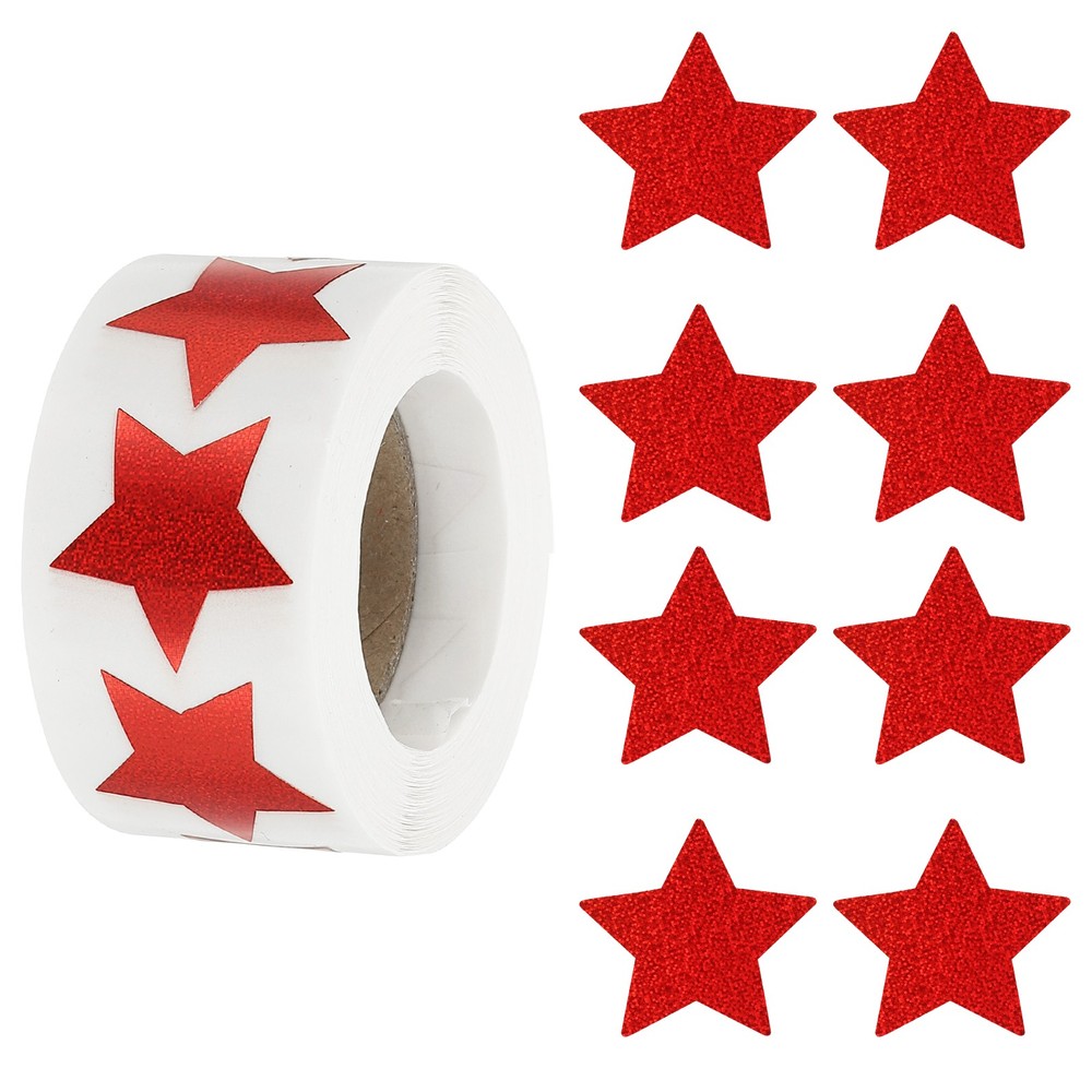 Star Stickers Roll 1 Inch, 500pcs Sparkly Foil Star Labels for Reward, Red