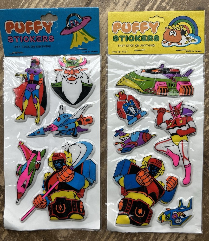 2 NOS Vintage Taiwan Cartoon Battle Space Robot Puffy Stickers