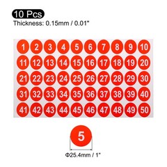 10 Sheets Round Number Stickers, 1-50 Consecutive Number Labels, Red(1″ Each)