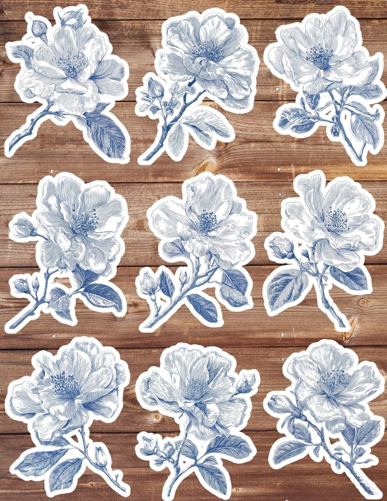 Blue and White Flower Vinyl Stickers Set Scrapbooking Laptop Water Bottle