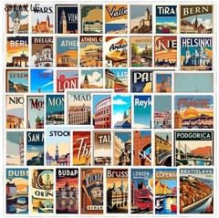 50pc European Travel Stickers Vintage City Waterproof Vinyl Decals Luggage Etc.