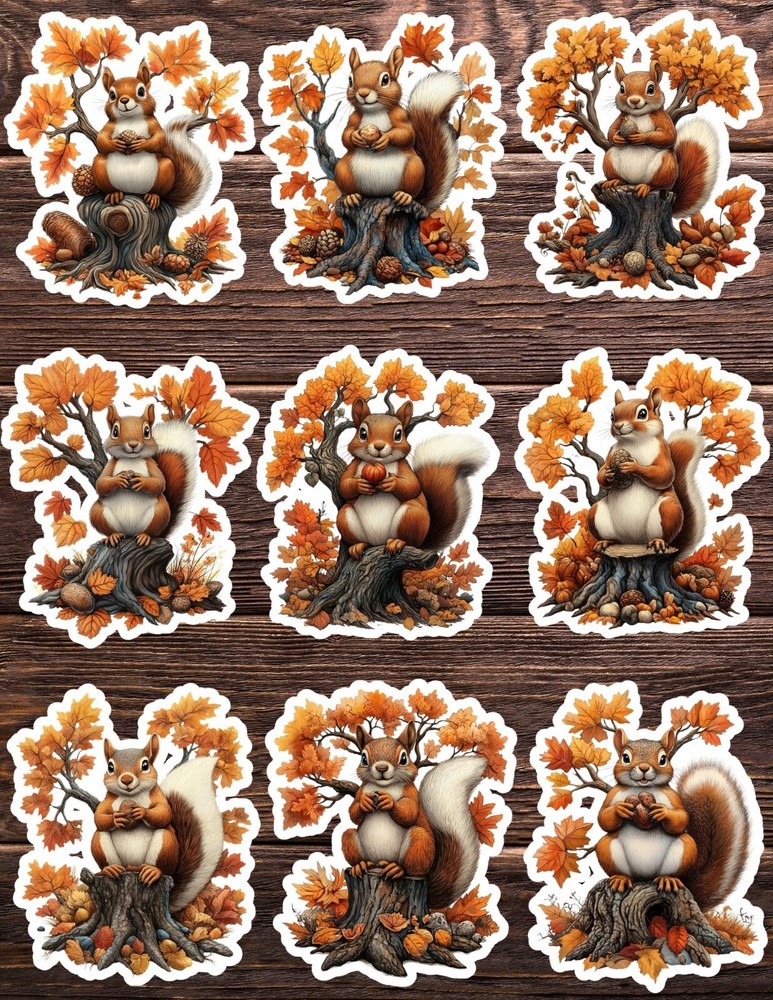 Squirrel On a Stump Die Cut Vinyl Stickers Set Scrapbooking Laptop Water Bottle