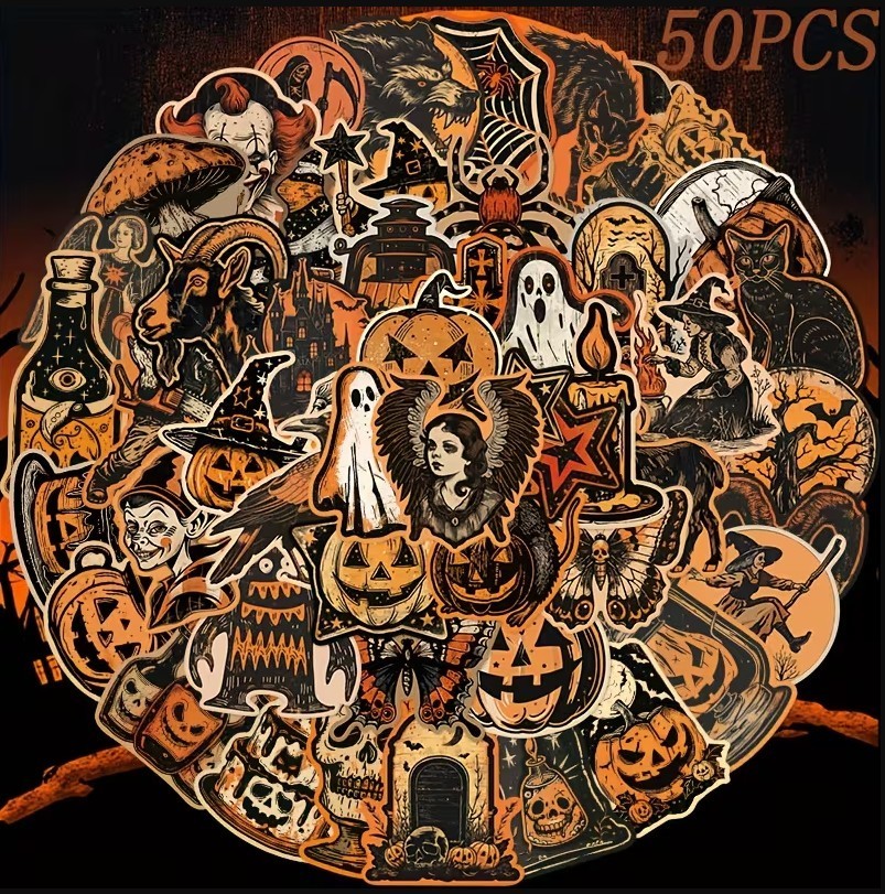 50pcs Retro Halloween Stickers Lot PVC Horror Junk Journaling Craft Scrapbooking