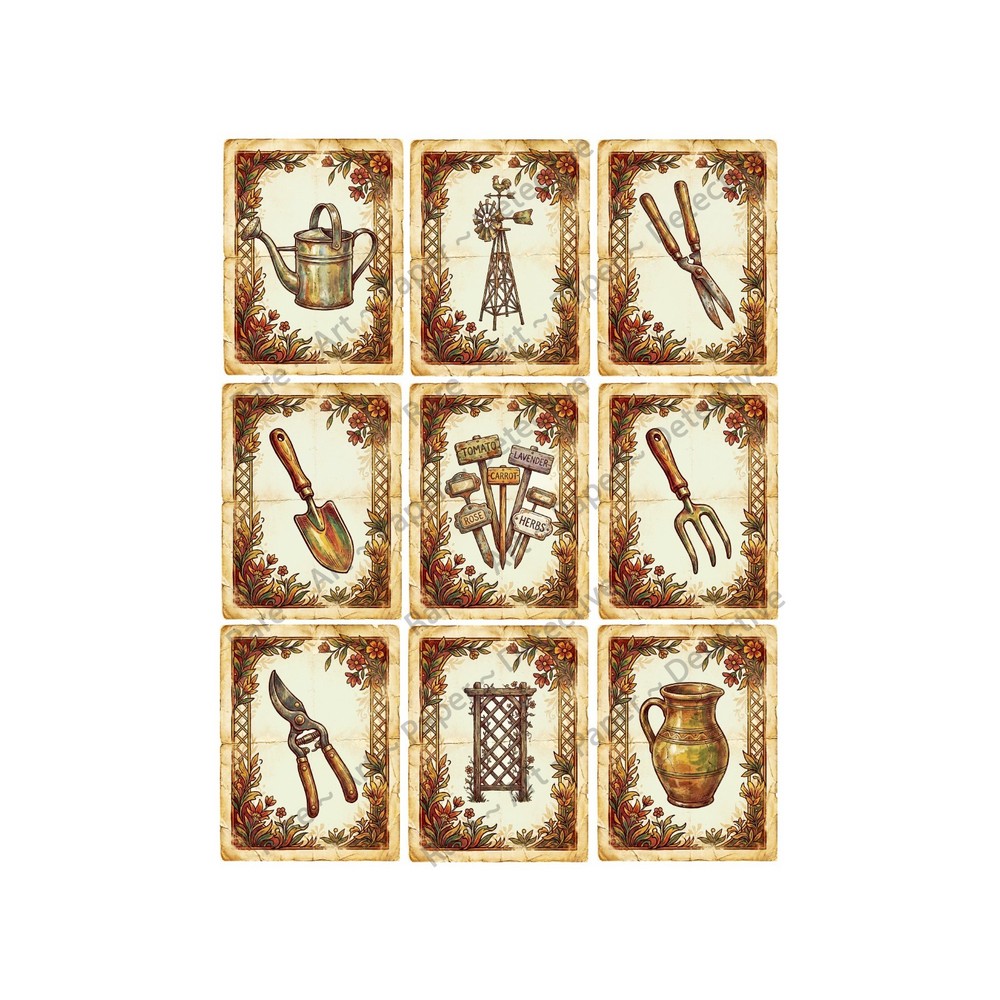 Garden Tools Sticker Tags and Junk Journal & Collage Old World Style, 1567