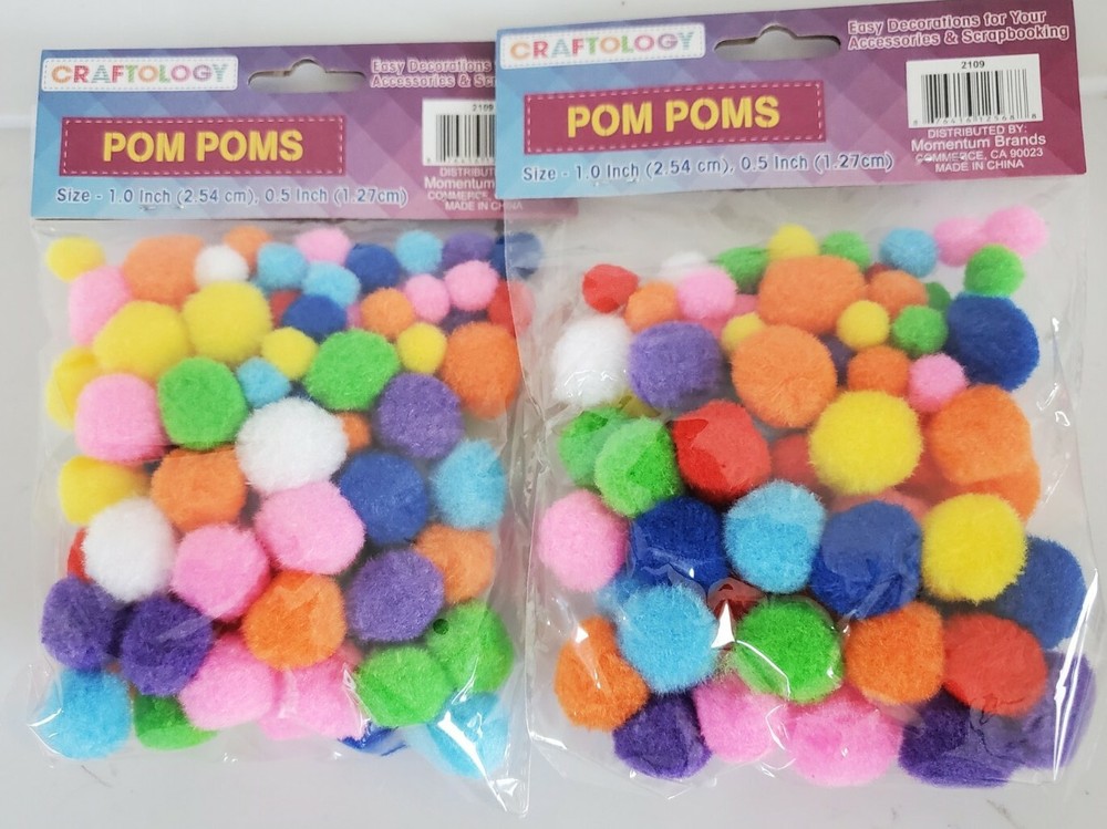 Craftolgy Pom Poms Variety Multicolor (lot of 2) each pk 100pcs different sz NWT