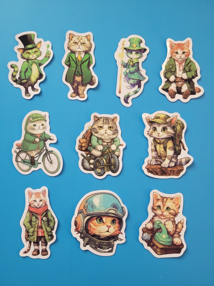 STICKERS x 10 Cat Kitty Bike Vintage Lucky Kitten Cartoon CAT1
