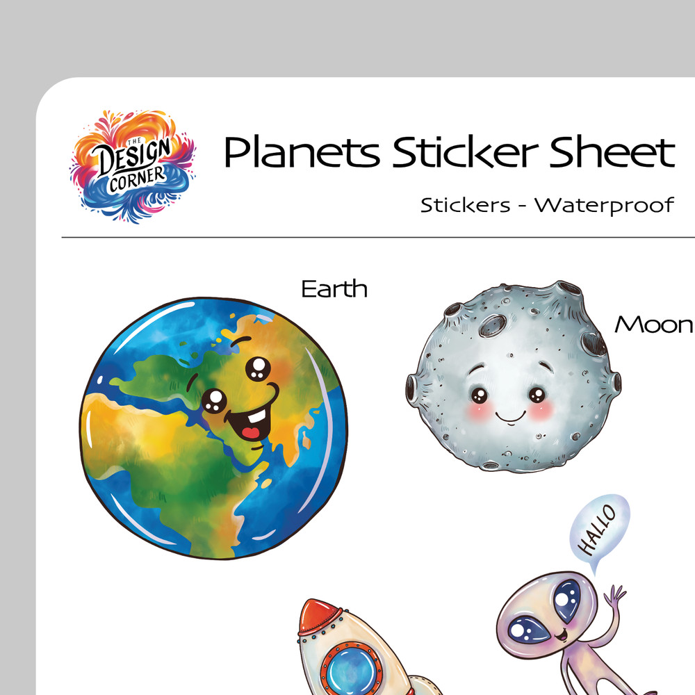 Planets Stickers (x21), Waterproof Sticker Sheets (x2), Earth Moon Rocket Space