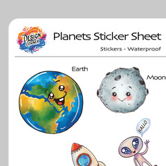 Planets Stickers (x21), Waterproof Sticker Sheets (x2), Earth Moon Rocket Space