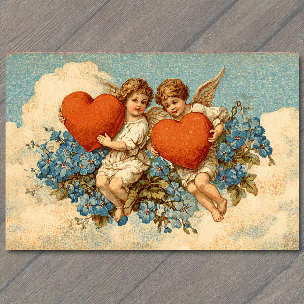 STICKER Cherub Angels Holding Hearts Among Blue Flowers Clouds Romantic Art