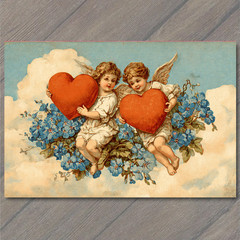 STICKER Cherub Angels Holding Hearts Among Blue Flowers Clouds Romantic Art