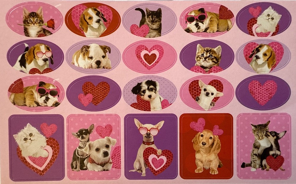 KITTEN & PUPPY VALENTINE Stickers(20pc)Love…Cat…Dog…Hearts…Holiday…Card Making…