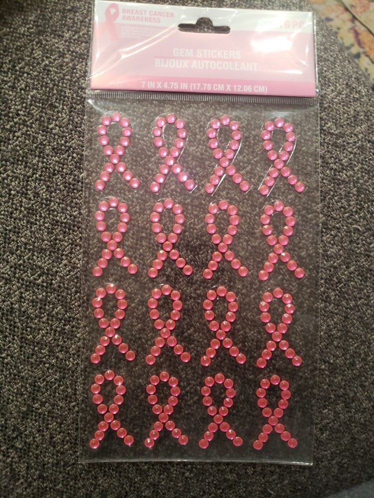 1 sheet of 16 pink ribbon gem stickers breast cancer awareness bling