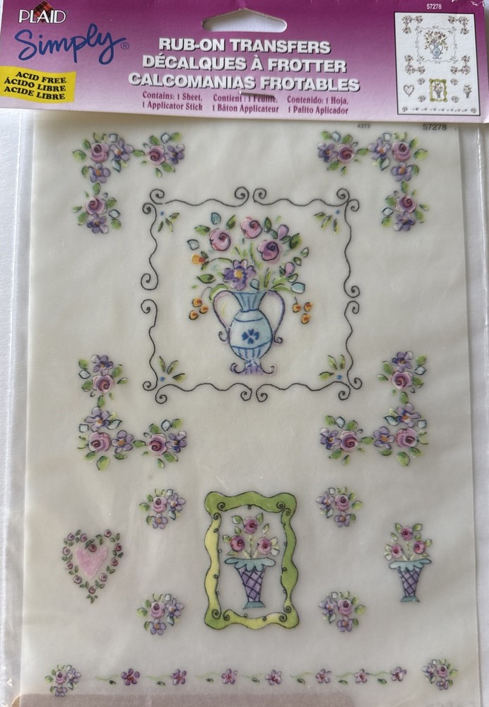FLORAL VASES Rub-On(6”x 8”) Plaid•Photo Corners•Garden •Blooms•Heart•Card Making