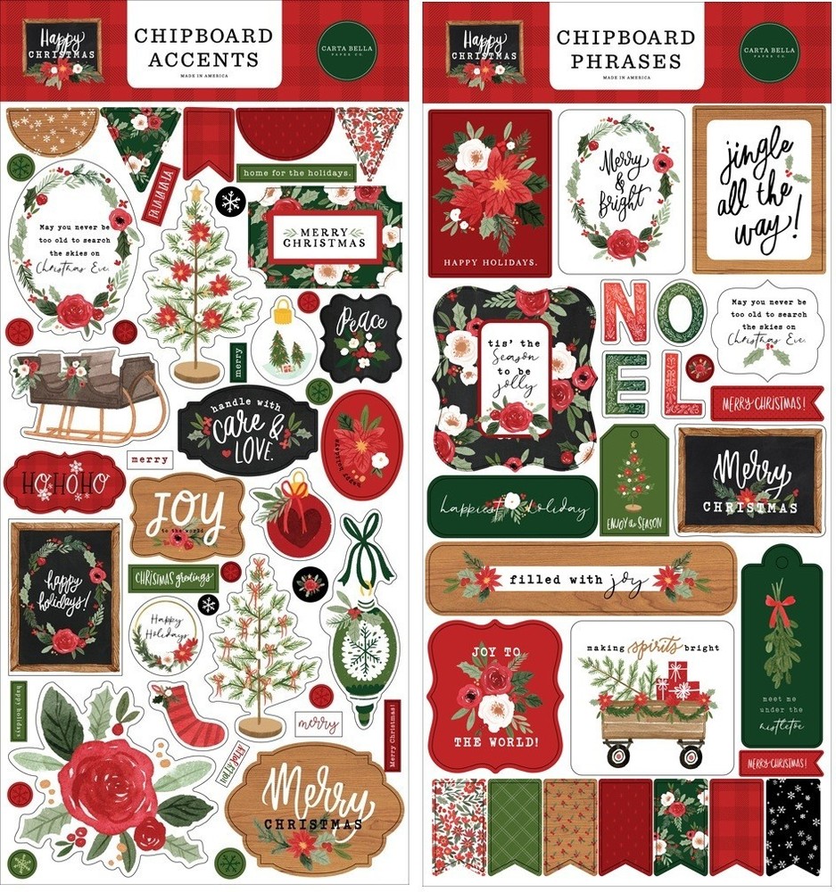 Carta Bella HAPPY CHRISTMAS (2) 6″x13″ Chipboard COMBO Accents + Phrases