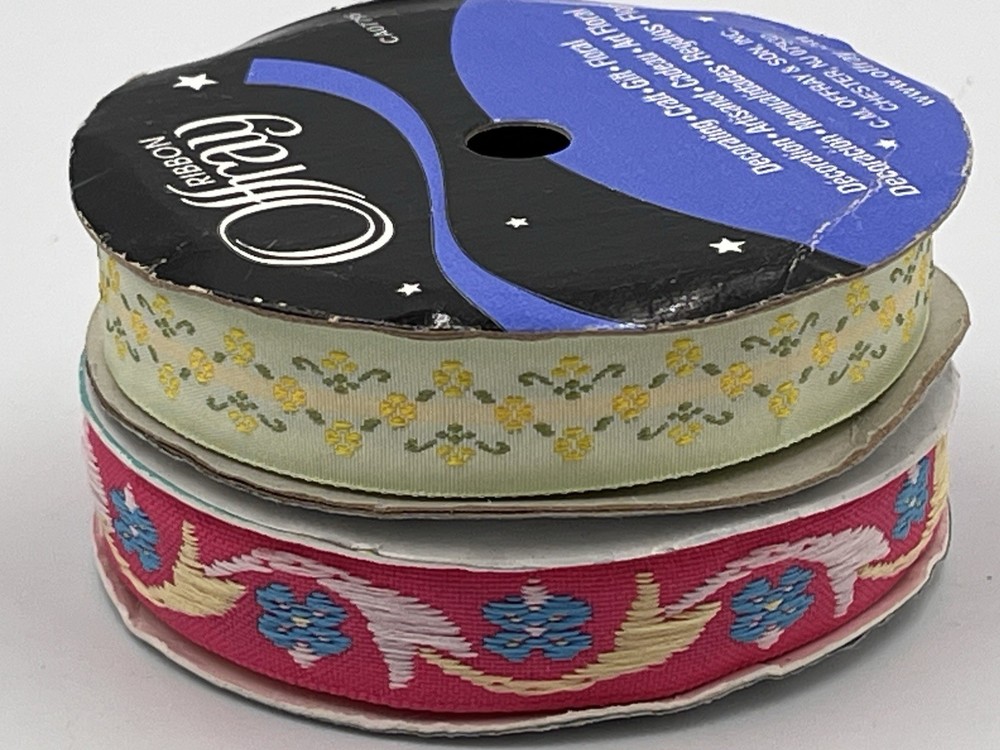 Vintage Lot 2 Offray Ribbon Spool USA Made Jacquard Floral Embroidered Trim
