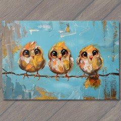 STICKER Birds On A Wire Cute Big Eyes Acrylic Painting Cartoon Style Colorful