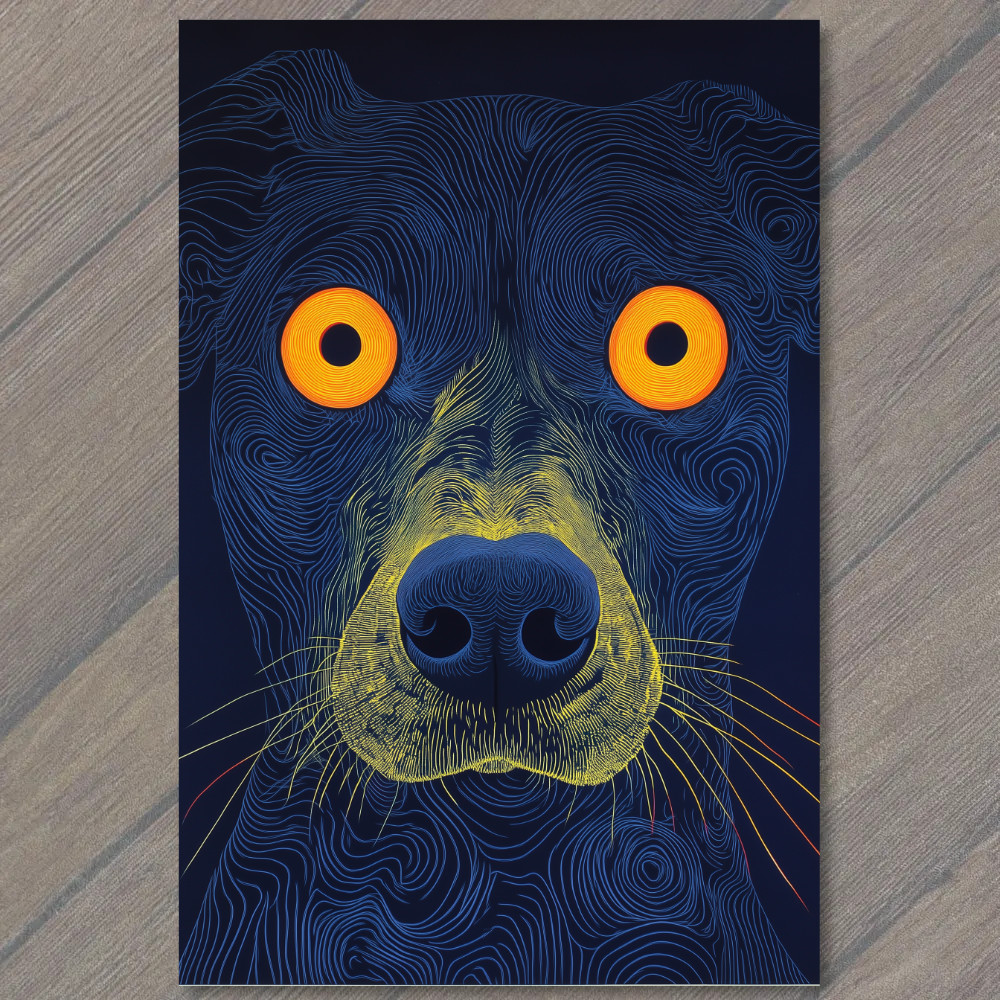 STICKER Dog Orange Eyes Yellow Nose Dark Blue Swirls Optical Line Art Bold Pop