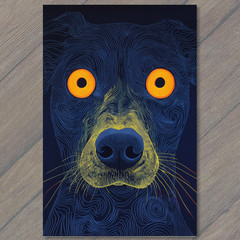 STICKER Dog Orange Eyes Yellow Nose Dark Blue Swirls Optical Line Art Bold Pop