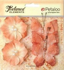 Burlap APRICOT 3 Butterflies 4 x 4.5cm & 2 Blossoms 4cm Across Petaloo 1203* BUR
