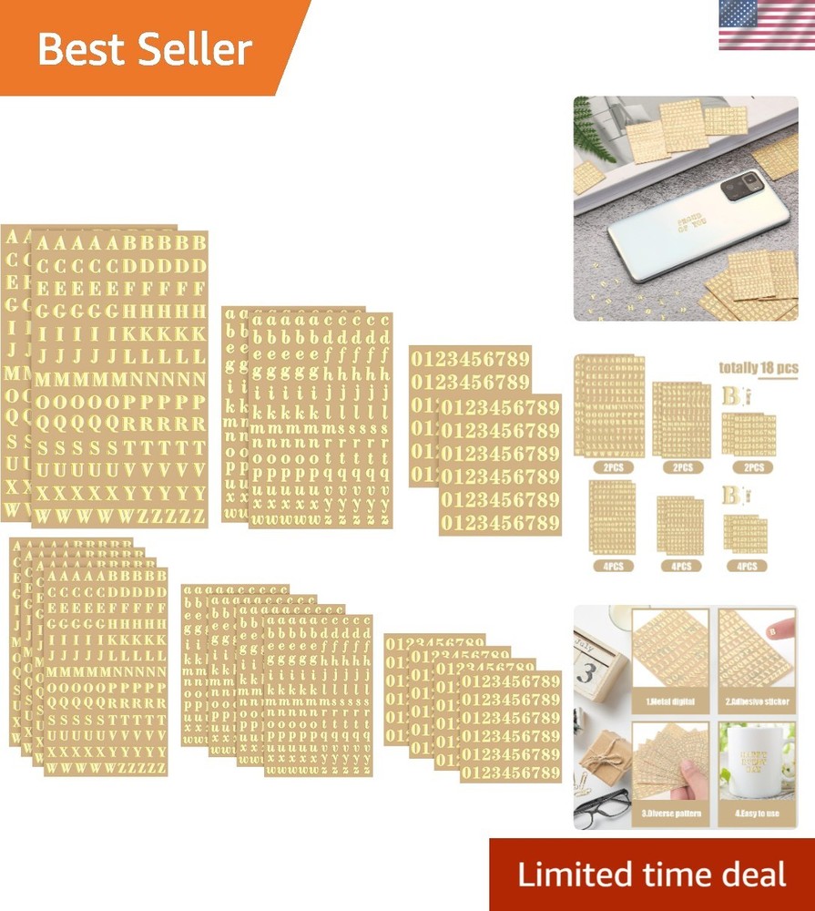 18 Sheets of Elegant Gold Self-Adhesive Letter & Number Stickers for Crafts