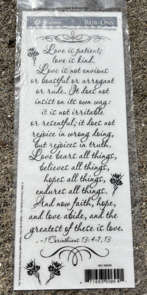 2.5 x 7″ Bellisimo Love is Patient Scripture Rub-Ons