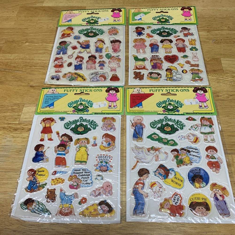 New Vintage Cabbage Patch Kids Puffy Vinyl Stick-Ons Stickers Set of 4 Sealed