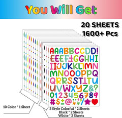 1600Pcs Letter Stickers 20 Sheets Alphabet Stickers 1 Inch Vinyl Self-Adhesive W