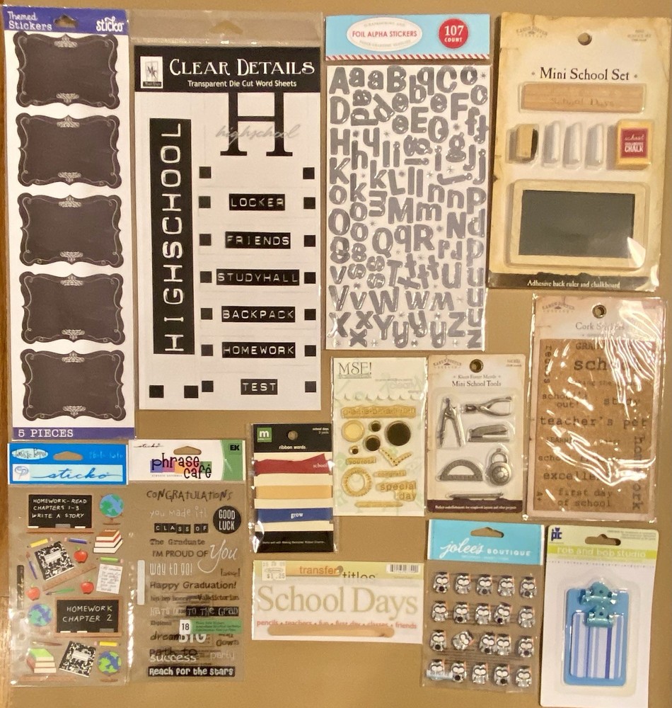 School Grad. Stickers, Clear Stamps, Ribbon, Metal Tools Etc. Jolee’s, K. Foster