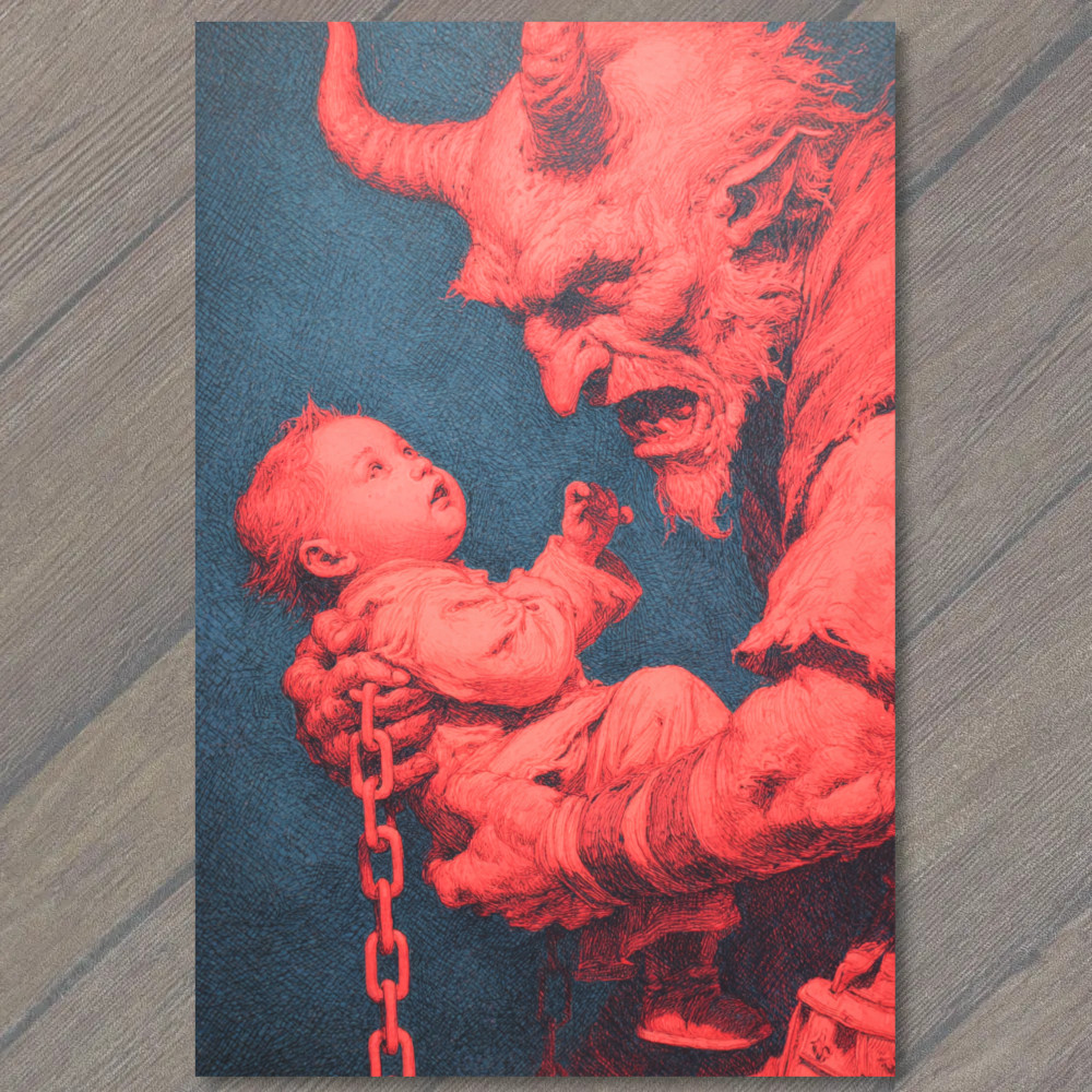 STICKER Krampus Red Devil Holding Baby Gothic Horror Christmas Holiday Dark Ar