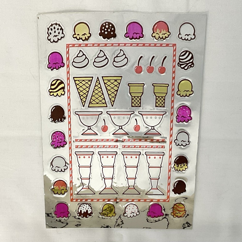 Vintage Stickers Hallmark Sticker Sheet Shiny Ice Cream Cones 80s Razzle Dazzle