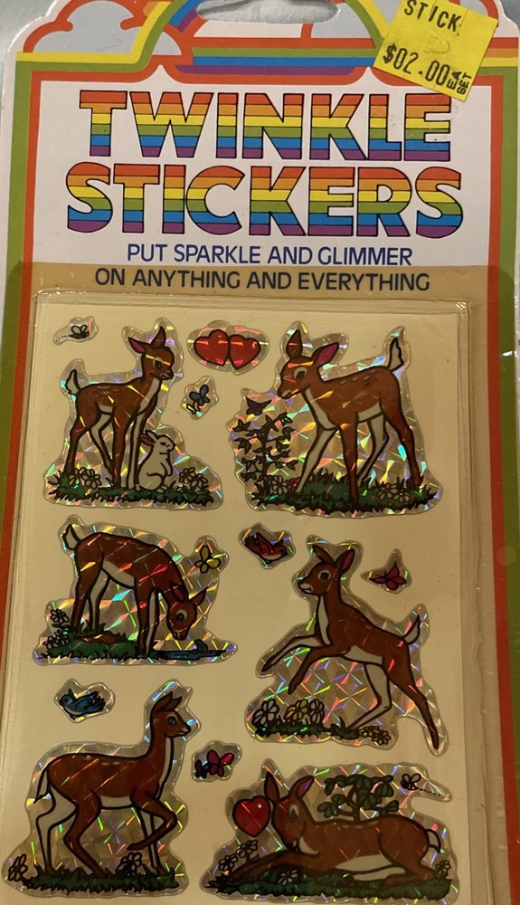 Vintage 80s Deer Prismatic Twinkle Stickers Shiny Sparkle Glimmer sheet is white