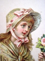 Sweet 1800’s Die Cut of Boy Handing Girl A small Bouquet of Two Pink Rose *