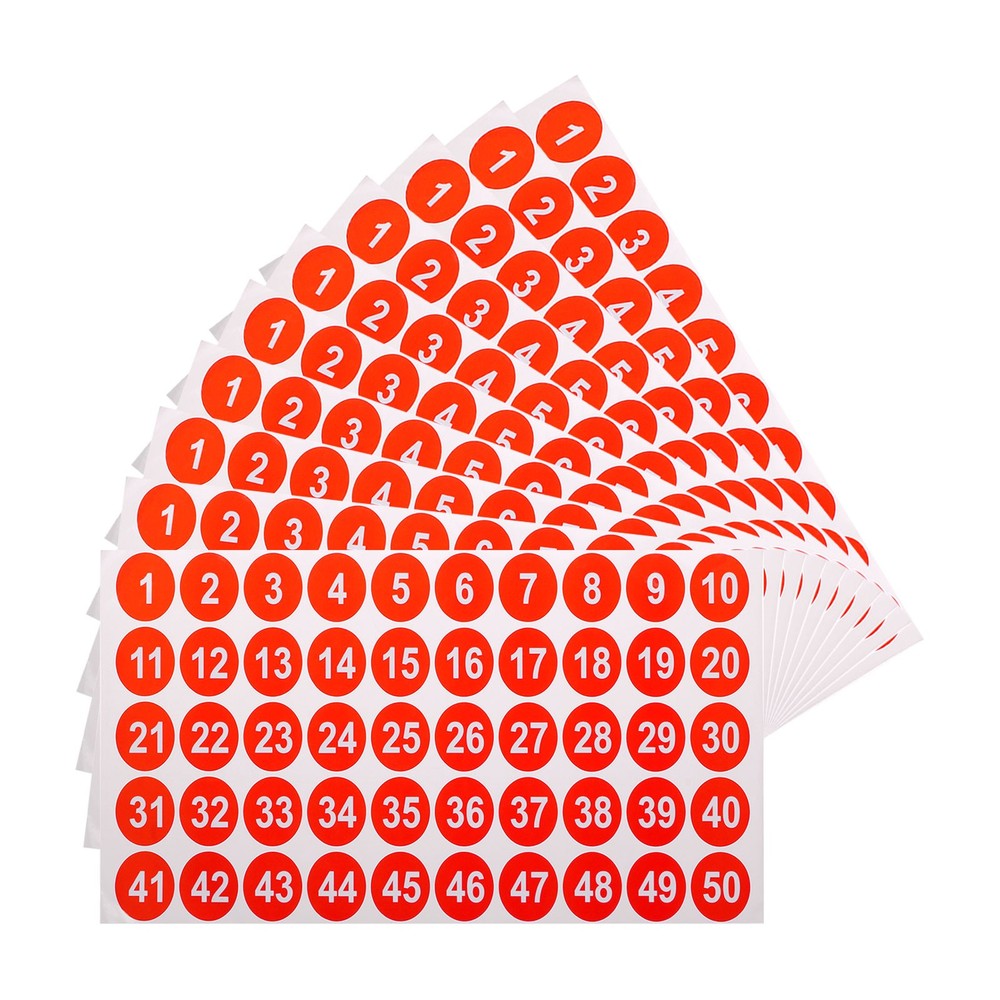 10 Sheets Round Number Stickers, 1-50 Consecutive Number Labels, Red(1″ Each)