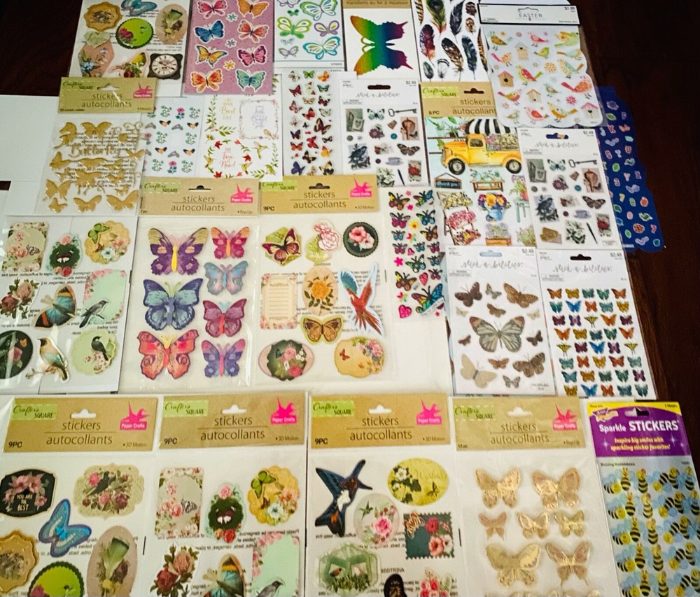 Large Sticker Lot Themed Birds Butterflies feathers Flowers Plants Farmhouse