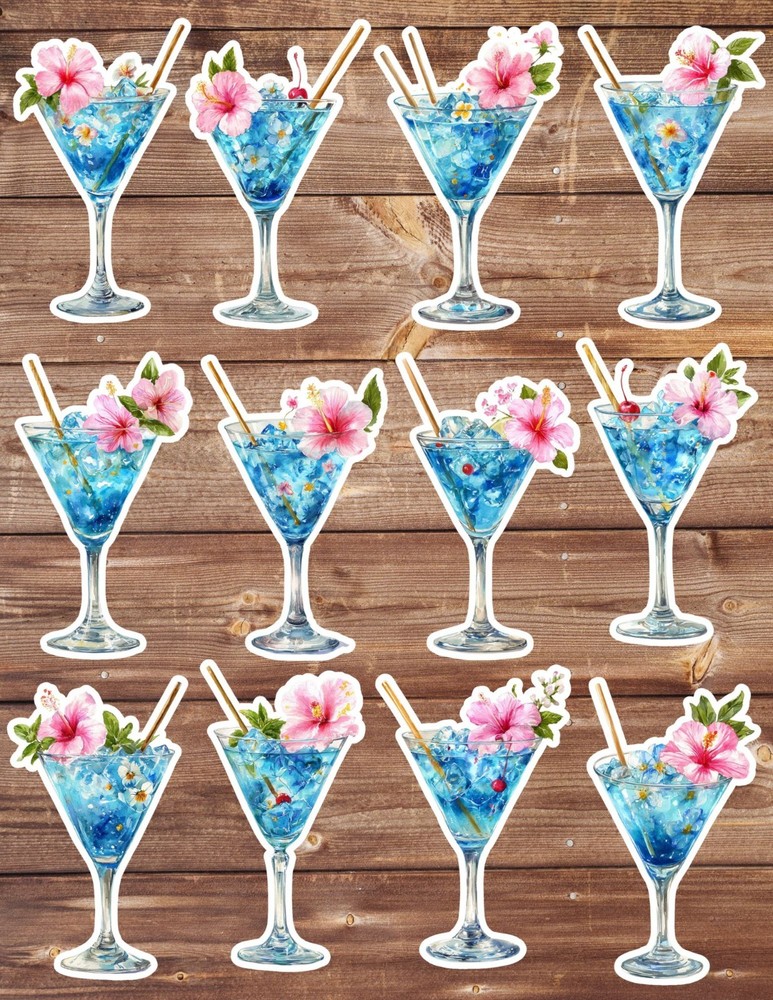 Blue Cocktail Vinyl Die Cut Stickers Set Scrapbooking Laptop Water Bottle