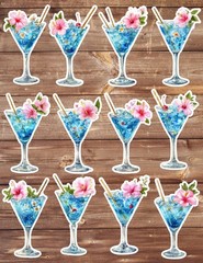 Blue Cocktail Vinyl Die Cut Stickers Set Scrapbooking Laptop Water Bottle