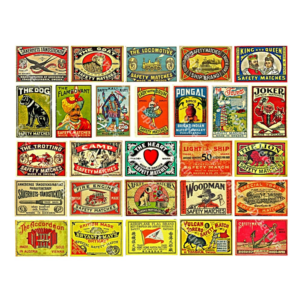 Vintage Label Art, Safety Matchbox Label REPRODUCTION Stickers, 1 Collage Sheet