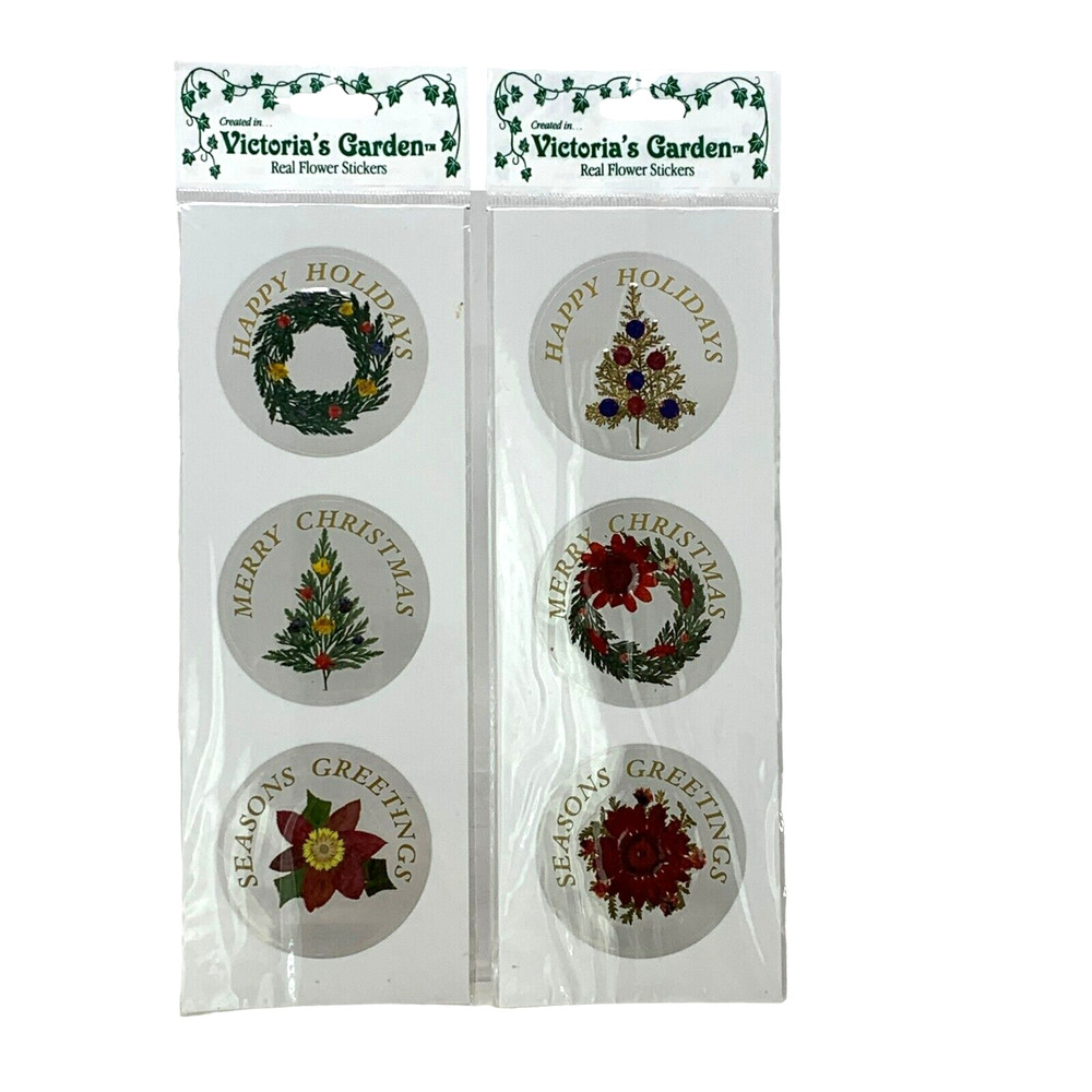 VICTORIA’S GARDEN Christmas Real Flower Stickers Set 6 Holiday Tree Wreath NEW