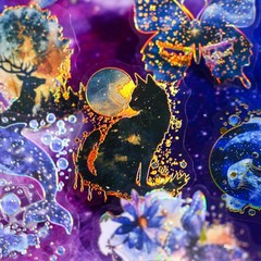 16Pcs Moon Cat Fairy Holographic Stickers Journal Planner Card Scrapbook Crafts