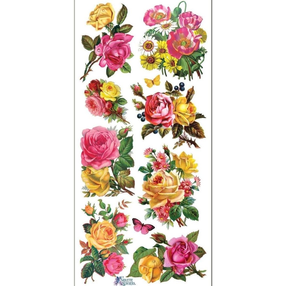 Violette Stickers – Roses – 1 Yellow & Pink Flowers Sticker Sheet – Scrapbooking
