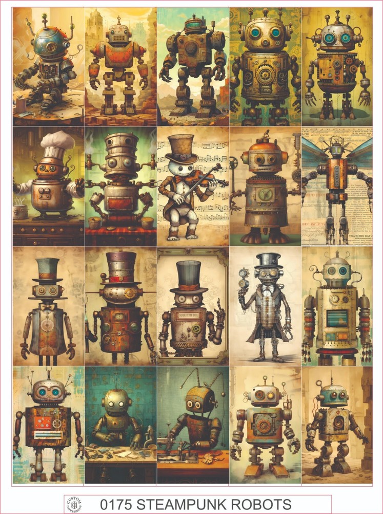 STEAMPUNK ROBOTS – COMPLETE SHEET OF 20 STICKERS