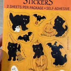 HTF Vintage Hallmark Halloween Stickers Fuzzy Black Cats Bats Ghosts 1989 New