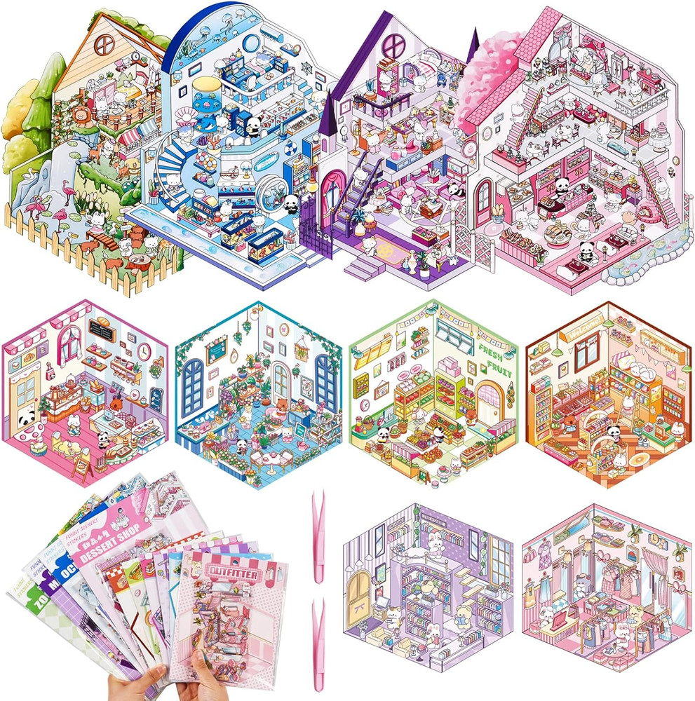 10 Sets DIY 3D Sticker Scene Sticker Therapy Cute Cartoon Stickers Scene Make Yo