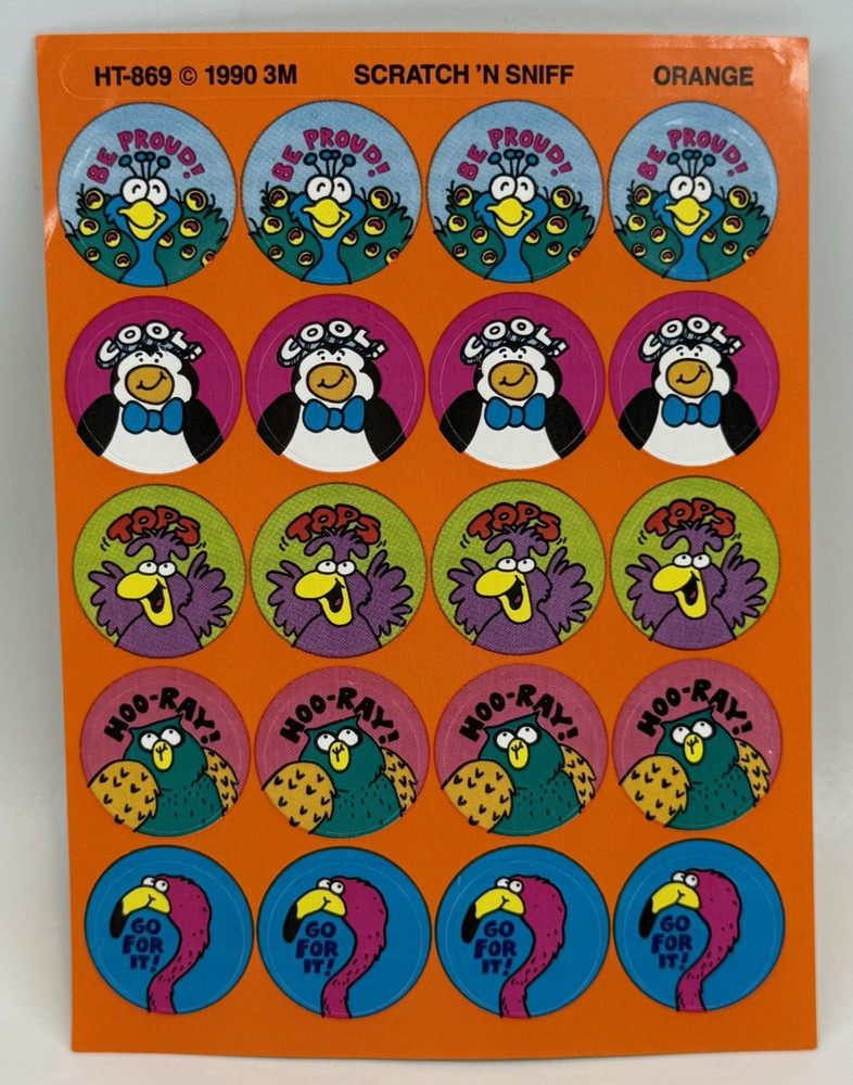 Vintage Stickers Scratch N Sniff Orange 3M 1990 HT-869 Bird Peacock Owl Penguin