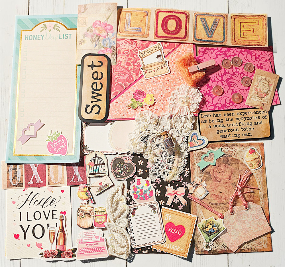 Sweet Love Theme Papercraft Ephemera Kit, Scrapbook Stickers, Junk Journal Kit
