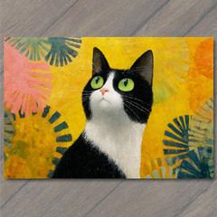 STICKER Tuxedo Cat Green Eyes Yellow Texture Whimsical Fun Kitty Flowers